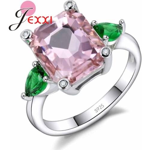 Pink/Green Shiny Cubic Zircon Geometric Ring for Women High-Grade Wedding Engagement Jewelry 925 Sterling Silver Bague
