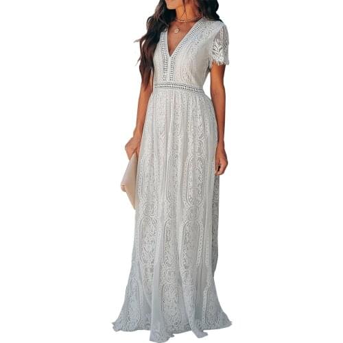 Women Summer Boho Dresses Lace Cutout Embroidery Dress Short Sleeve Loose White Beach Dress Fashion V-neck Beachwear Maxi Dress