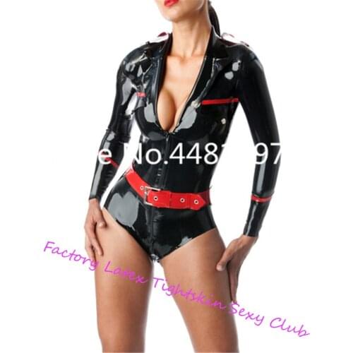 100% Nature Latex Military Leotard Latex Rubber V- neck Uniform Suit Bodysuit With Belt Latex Costumes for Women XS-XXXL