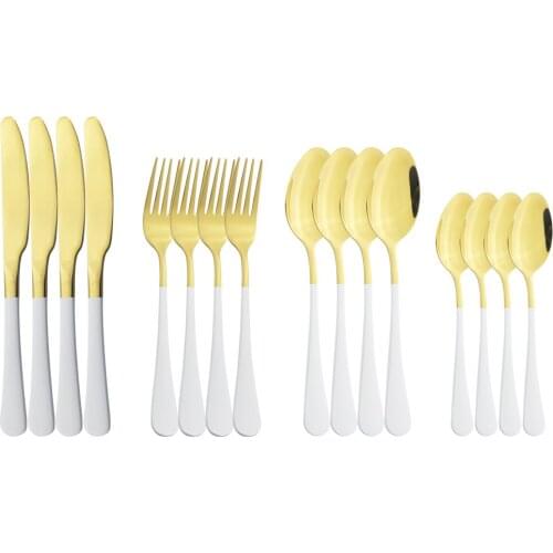 16pcs White Gold Dinnerware Knives Fork Spoon Stainless Steel Set Silverware Set Cutlery Flatware Outdoor Kitchen Home Tableware