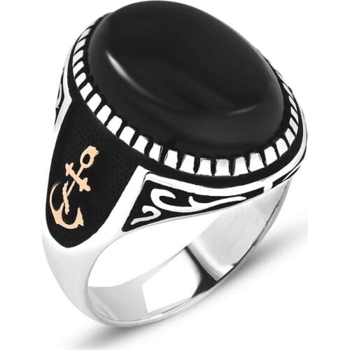 925 Sterling With Anchor Pattern Oval Cambered Onyx Stone Men 'S Silver Ring