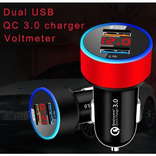 12V/24V Dual Ports QC 3.0 USB Car Fast Charger Cigarette Lighter Digital LED Voltmeter Power Adapter for Mobile Phone Tablet GPS
