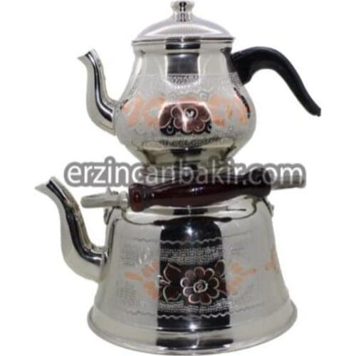 Bakır Çaydanlık El Yapımı % 100 Bakır Demlik Otantik Çaydanlık Seti Büyük 10 Kişilik Nikel Kaplama ÇAY-120