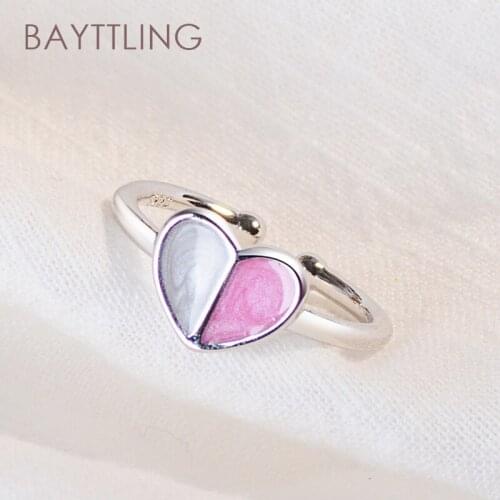 BAYTTLING 925 Sterling Silver Simple Color Matching Heart Open Ring For Women Fashion Charm Wedding Gift Jewelry
