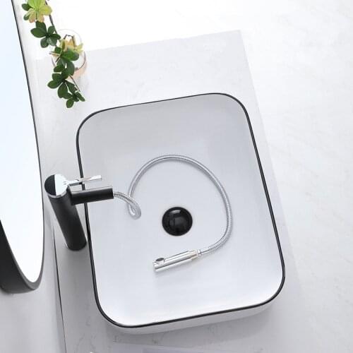 White and Black Washbasin Ceramic Bathroom Sinks Glass Vessel Bathroom Sink Single Bowl Ez Shampoo Basin With Pull Out Faucet