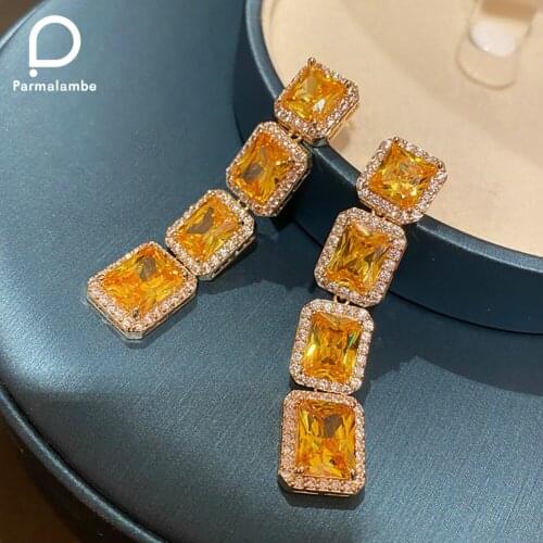 Shiny Dangle Drop Square Cubic Zirconia Yellow Crystal Long Earrings for Women PE0005 Boho Party Jewelry