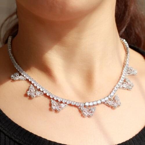 CWWZircons Bling Iced Out White Gold Color Cubic Zirconia Cute Butterfly Charm Chain Necklace Collar for Women Jewelry CP070