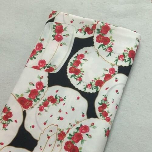 Graceful Digital Printing Red Flower Tableware Dinnerware 100% Polyester Elastic Fabric 50x140cm Stretchable Fabric For Cloth Dr