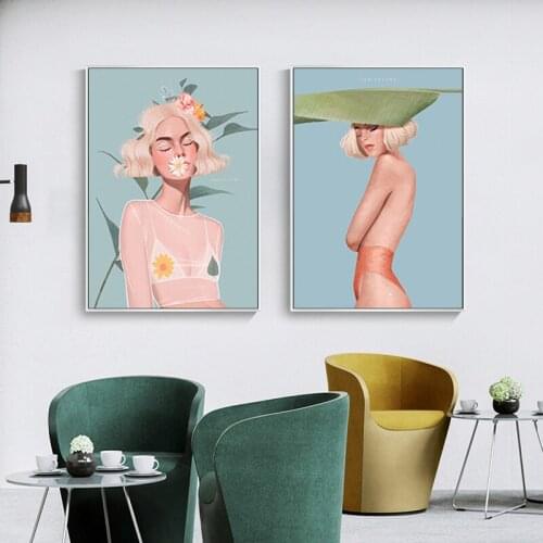 Canvas Art Painting Flower and Leaves Woman Sea Landscape Nordic Fashion Posters Prints Scandinavian Style Wall Picture for Room