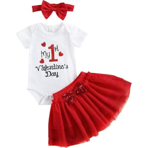 Newborn Baby Girl 3 Piece Outfits My First Valentines Day Letter Printed Romper Tops and Mesh Tutu Skirt Set with Headband