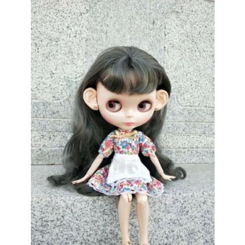 1/6 fashion Blythes doll dress with small floral bow tie + white versatile apron with 2 classic dresses