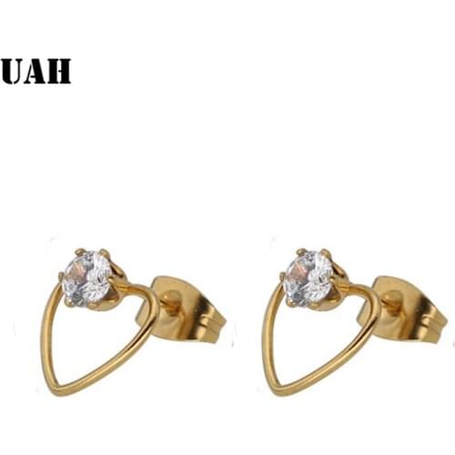 UAH Small and Exquisite Heart Crystal Stud Earrings for Women Titanium Steel Brand Jewelry Earrings For Mothers Day Gift