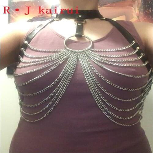 New Fashion Leather Style RJLE01 Women Harness Bondage Beach Bra Chain Collar Choker Silver Chains Necklace Jewelry Accessories