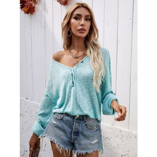 2021 fall Amazon solid color pullover womens thin knit sweater V-neck European and American street hipster sweater