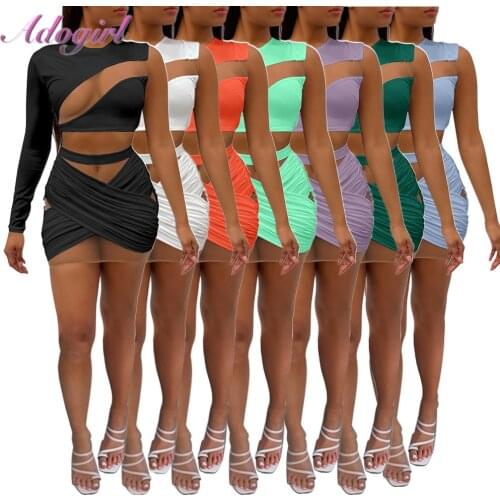 Sexy Sheer Mesh Two Piece Set Party Clubwear Skirt Suit Solid One Shoulder See Through Tank Top Mini Skirt Women Outfit Dress