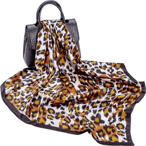 2021 New Women Fashion Square Scarf Bandana Sexy Leopard Print Shawl Hijab Imitate Silk Satin Kerchief Stoe 90*90cm