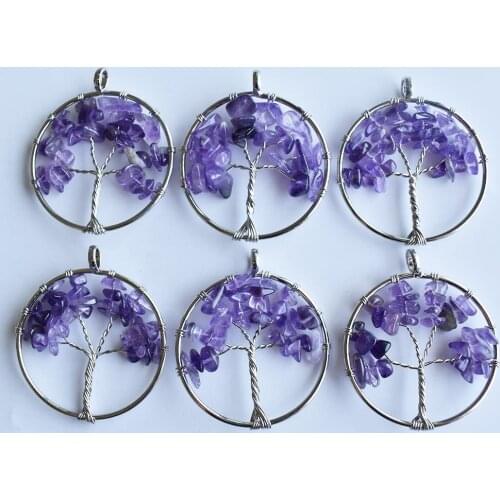 Wholesale 6pcs/lot fashion Natural amethys Tree of life handmade wire wrapped Pendants 40mm for jewelry accessories marking free