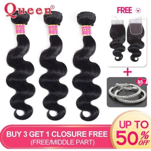 Queen Hair Products Brazilian Body Wave Hair 3 Bundles Human Hair Weave Bundles Remy Hair Extensions Buy 3 Get 1 Free Closure
