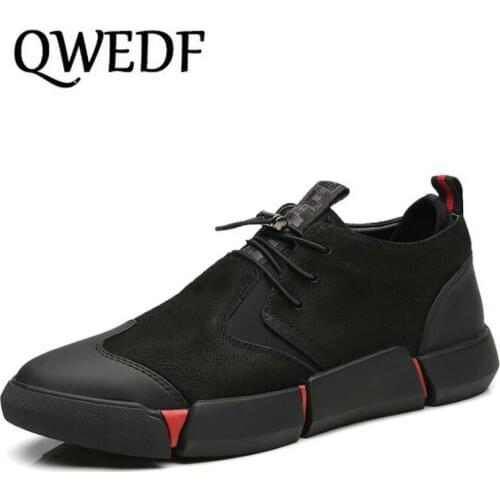 QWEDF Brand High quality all Black Mens leather casual shoes Fashion Breathable Sneakers fashion flats big plus size 46 SW-17A