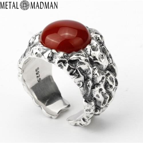 Adjustable Mens Ring 925 Sterling Silver Punk Big Carved Red Agate Stone Engraved Mens Ring Unique Party Jewelry