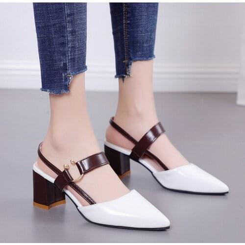 Women Sandals Fashion Summer Womens Pointed Toes Solid Color Square Root Buckle High Heels Pumps Mid Chunky Heels Plus Size