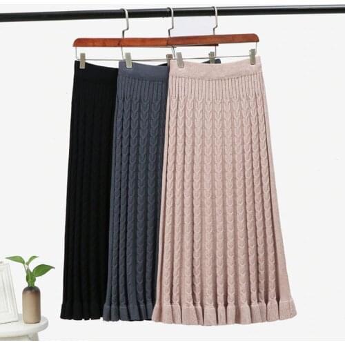 GIGOGOU Cable Twist Women Knitted Skirts Autumn Winter Thick Warm Midi Skirt Elastic Band High Waist Tulle Skirt for Women 2019