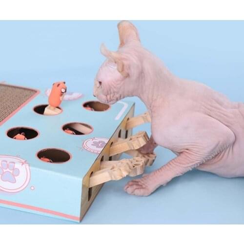 Funny Cat Hunt Toy Chase Mouse Wooden Interactive Maze Brain Game Pet Hit Hamster With 5-holed Mouse Hole Catch Bite Catnip