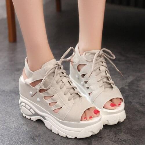 2021 Women Sandals Shoes 4CM Platform Lace-Up Flock Height Increasing 6cm High Heels Shallow Peep Toe Sandals Female Pumps Shoes