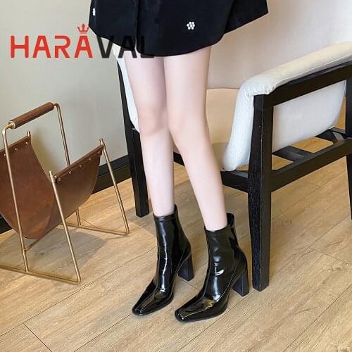 HARAVAL 2020 Women Fashion Elastic Boots Black Autumn Winter Patent Leather Shoes For Lady High Heels Thick Bottom modern E87L