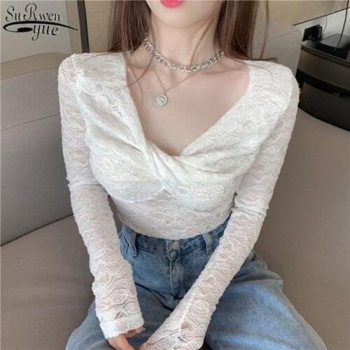 V-neck Pullover Sexy Lace White Black Blouse Women Spring Slim Hollow Out Short Top Long Sleeve Shirts Sweet Streetwear 12967