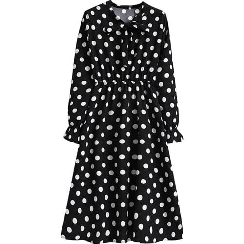 Polka Dot Dresses For Women Bohemian Long Sleeve Elastic Waist Dress Sukienka Damska Casual Loose Bowknot Dress Vestido Mujer