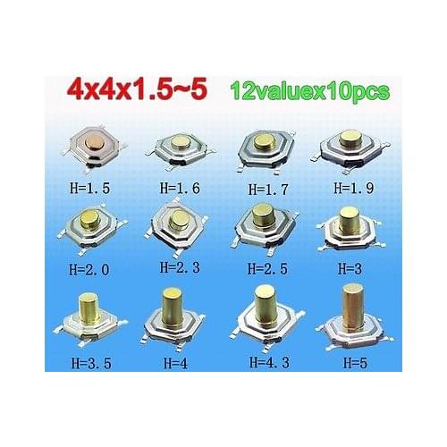12 value Tact Switch Kit 4x4x1.5~5mm SMD Waterproof Tactile Push Button Switches