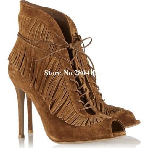 Brand Design Women Fashion Peep Toe Suede Leather Tassels Thin Heel Short Boots Lace-up Cut-out Fringes High Heel Ankle Boots
