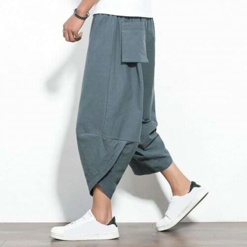 Summer Cotton Harem Pants Men Casual Hip Hop Trousers Plus Size Men Solid Color Capri Pants Drawstring Oversize Samurai Trousers