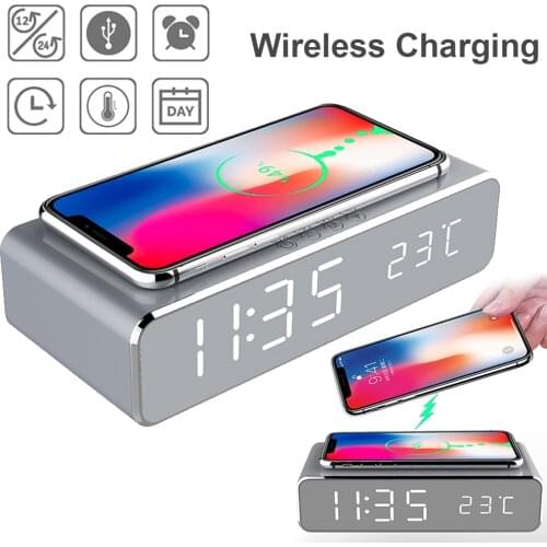 New LED Electric Alarm Clock With Phone Charger Wireless Desktop Digital Thermometer Clock HD Clock Mirror With Time Memory