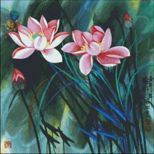 Oil painting Lotus Flowers Top Quality Embroidery Needlework 14CT Unprinted Cross Stitch Kits DIY Arts Handmade Home Decor