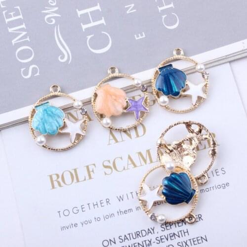 10Pcs/lot Alloy Metal Drop Oil Imitation Pearl&Starfish&Shell Round Charms Pendant for DIY Bracelet Necklace Jewelry Making