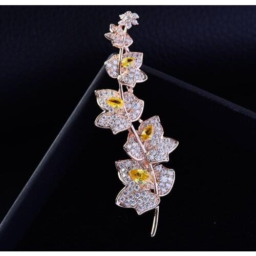 OKILY Graceful AAA Zircon Maple Leaf Brooch Pin Rose Gold Austrian Crystal Leaves Brooches for Women Party Jewelry Accessories