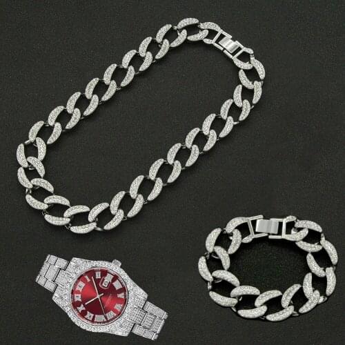 Hip Hop 3pcs Kit 19MM Full Iced Out Paved Rhinestone Choker Cuban Necklace+Watch+Bracelet For Men Women Charm Jewelry