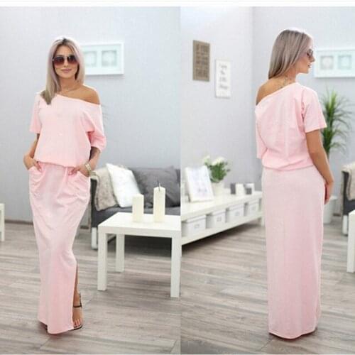 Sexy Summer Women Boho Maxi Dress Short Sleeve Side Slit Loose Evening Party Long Beach Dress With Pocket Vestidos