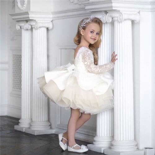 Puffy Ball Gown Ivory Girl Pageant Dress Sequined Long Sleeve Flower Girl Dresses Tulle First Communion Dress New Year