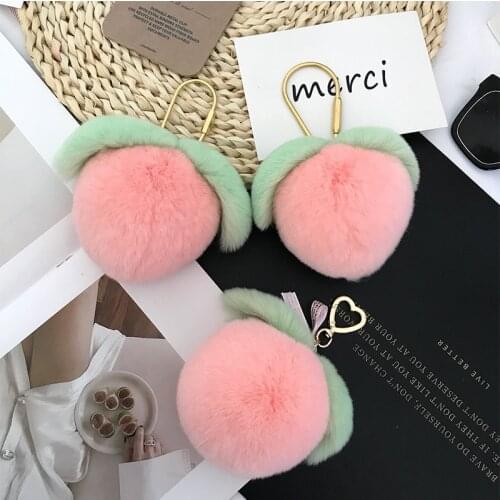 Luxury Real Rex Rabbit Fur Peach Pendant Keychain Pompom Key Metal Ring Women Fluffy Key Bag Purse Ornament Accessories Gifts