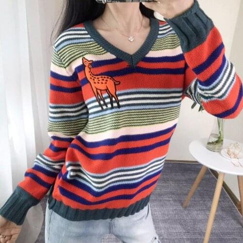 Spring V-neck Sweater Womens For Autumn Slim Loose Striped Oversized Sweater Winter Vintage Embroidery Pullover Sweater Women