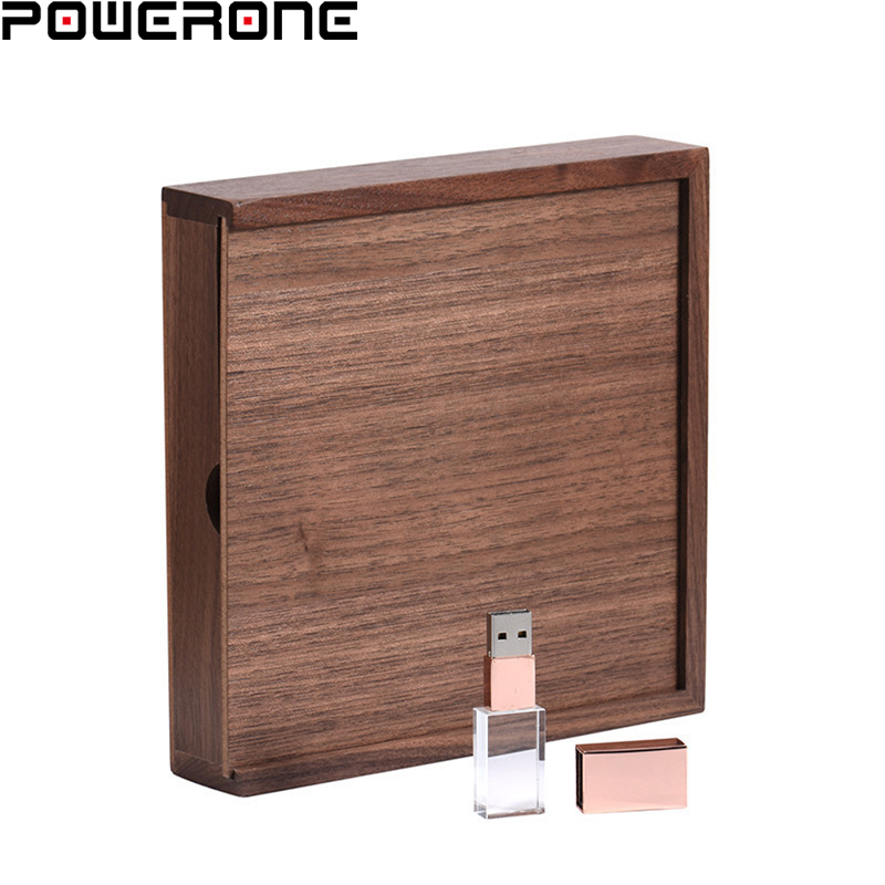 POWERONE USB flash drive walnut wood box crystal usb memory stick Pendrive 4GB 8GB 16GB 32GB 64GB Photo Unique Album free logo