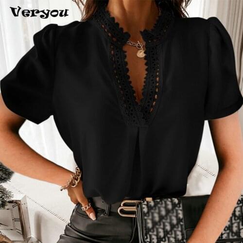 Sexy Lace Blouses Women Solid V-neck Short Sleeve Lace Blouse Hollow Out Slim Sexy Casual Blouse Tops Womens Black Shirt