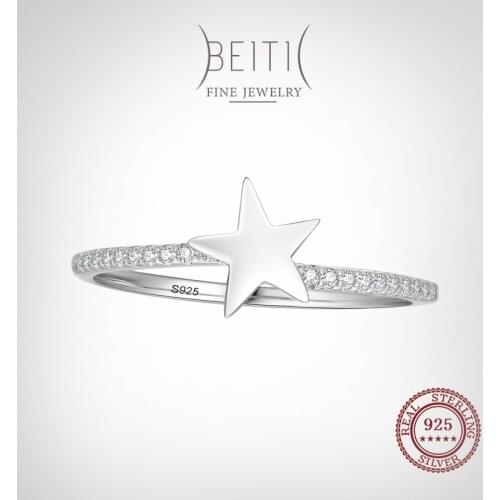 Beitil 100% 925 Sterling Silver Classic Star Clear Zircon Finger Ring For Women Wedding Statement Fine Silver Jewelry