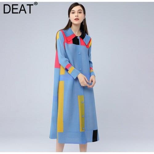 DEAT Pleated Woman Shirt Dress Geometric Hit Color Single Breasted Straight Casual Style Loose 2021 New Autumn Fashion HC066
