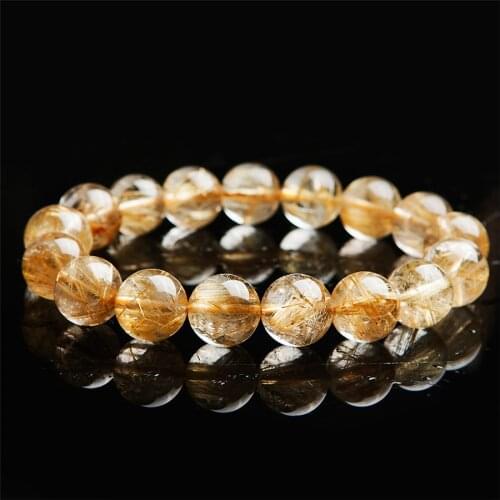13mm Genuine Natural Brazil Titanium Gold Needle Rutilated Quartz Crystal Transparent Round Bead Stretch Charm Bracelet Femme