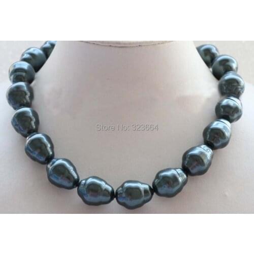 18" Genuine Natural 13x15mm Black Baroque Shell Pearl Necklace