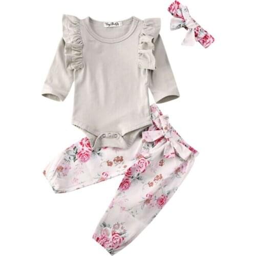 0-24M Toddler Baby Girls Cotton Long Sleeve Solid Bodysuit Tops+ Floral Trousers +Headband 3pcs Clothes 0-24M